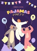 Pajama party invitation poster template. Characters with onesies and kigurumi costumes play pillow fight and have fun illustration vector