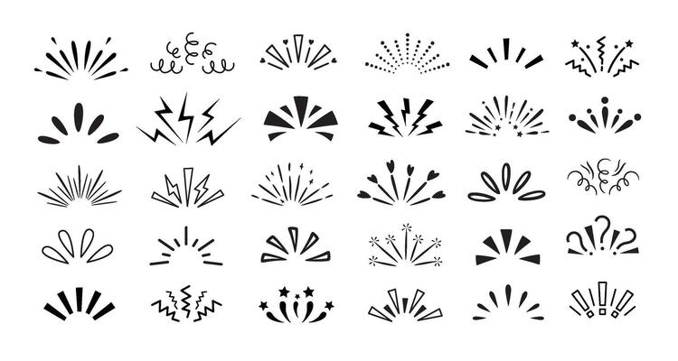Doodle line sparkles. Surprise burst rays, hand drawn sunburst and confetti explosion lines. Comic celebrating splash manga comic emotion expression set. Sunshine and starburst isolated symbol