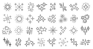 Hand drawn star glitter sparks. Sparkle and starburst icons, shiny doodle stars and magical twinkles. Glittering spark shapes linear symbols set. Shiny line firework explosion decoration vector