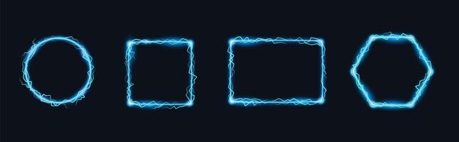 Thunder frame. Magic lightning border, electric energy square and shock power thunderbolt circle set. vector