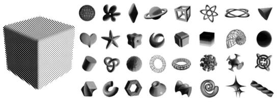Halftone 3D shapes. Geometric figures and abstract forms with halftone shading dotted gradient patterns. Isolated set vector