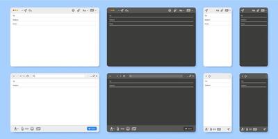 Email interface. Mail client new message window user interface, desktop and mobile layout UI template illustration set vector