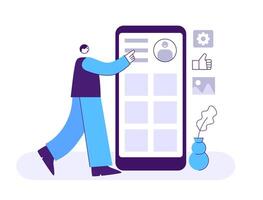 SMM manager concept. Man working in social media to promote account attracting new followers. Network marketing vector