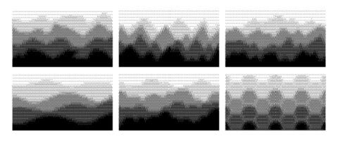 Abstract bitmap dithering layered backgrounds. Forest, waves, honeycomb and mountains landscapes with dither pixel and air perspective depth effect. Pixelated backdrop set vector