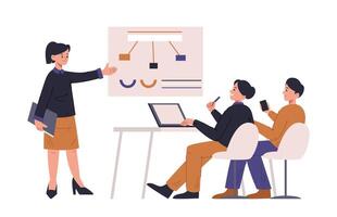 Business training courses, teamwork presentation, office study process. Educational class with teacher vector