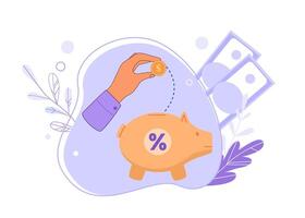 Saving money, investment concept. Character putting dollar coin into piggy bank. Person depositing money to get profit vector
