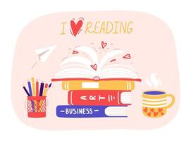 Reading books. Stack of library books with hand drawn lettering. Home library with art and business handbooks pile vector
