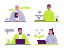 Creative social media badges with offer message follow us. Diverse male and female characters with gadgets vector