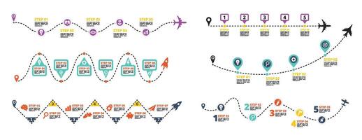 Roadmap infographic template. Business launch steps on dashed line, startup strategy routes and flight path timeline routes with pinpoint location icons on journey stages. set vector