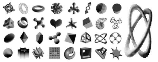 Halftone 3D figures. Retro monochrome volumetric shapes with halftone pattern texture. Y2k elements set vector
