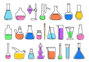 Continuous one line science lab. Chemistry laboratory equipment icons of flasks, beakers and test tubes illustration set vector