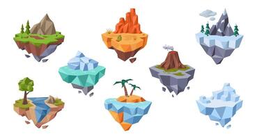 Low poly flying island. Floating landforms with various natural environments. game worlds isolated illustration set vector
