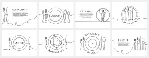 Continuous one line restaurant banners. Table settings with text space for restaurant lunch, breakfast and catering menu design illustration set vector