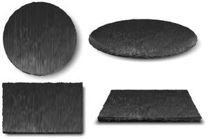 Natural slate plates. Black stone textured plate, dark rock round and square presentation slabs. Decorative food display surfaces realistic 3D illustration set vector