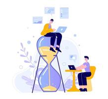 Time management hourglass. Office workers planning work schedule, time management and deadline concept vector