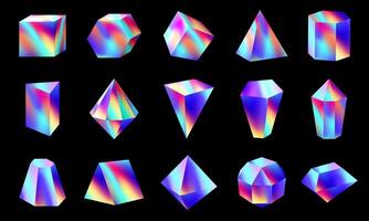 Iridescent holo crystals. Abstract holographic 3d shapes, geometric prism elements with neon gradient mesh colors set vector