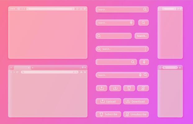 Transparent internet browser window. User interface elements, search bars and action buttons UI template set