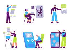 Software developers, game designers, javascript programmers characters vector