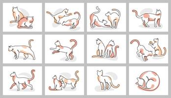 Continuous one line cat posters. Cute cats playing, grooming, stretching and lounging. Minimal feline and kittens for pet designs illustration set vector