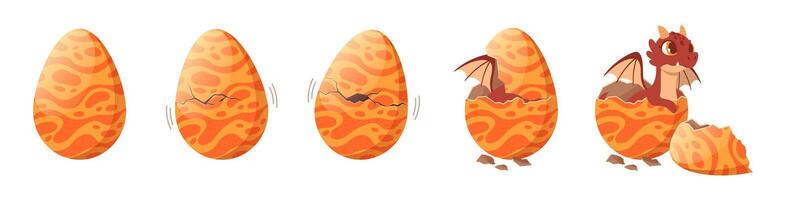 Dragon hatching from egg. Mythical fire dragon egg through incubation to birth, cartoon hatching process animation frames illustration set vector