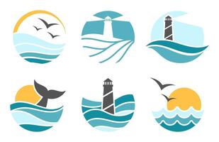Aquatic environment logo collection. Ocean waves with whale tail in water, flying seagulls and lighthouse silhouette vector