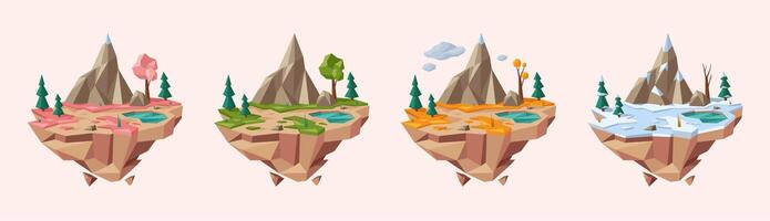 Low poly four seasons islands. Floating isometric landscape, miniature ecosystem spring, summer, autumn and winter illustration set vector