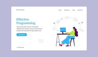 Effective programming landing page. Woman software developer or ui ux designed working on desktop computer vector