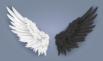 Realistic angel and demon wings. White dove wing with angelic nimbus, devil horns with pair of black wings and falling feathers 3D isolated illustration vector
