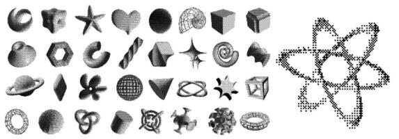 Dithering pixel art 3D shapes. Geometric and organic forms and figures with pixelated shading dotted texture. Abstract elements set vector