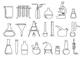 Continuous one line lab equipment. Beakers, test tubes, flasks and microscope, scientific instruments and laboratory icons illustration set with editable stroke paths vector