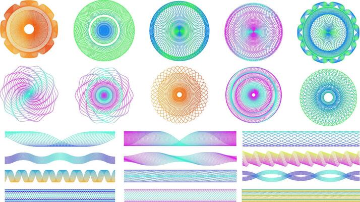 Seamless guilloche patterns. Spirograph geometric radial shapes and border lines dividers decorative art set