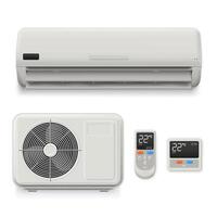 Realistic split system air conditioner. Home cooling equipment, external unit, thermostat and remote control isolated illustration set vector