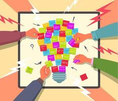 Team brainstorming. Hands with sticky notes, teamwork ideas board and collaboration concept illustration vector