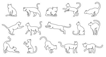 Continuous one line cats. Minimalist feline outlines, various cat poses and kitten activities hand drawn illustration set vector
