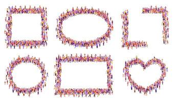 Top view crowd frames. Community unity frame with diverse group of people forming square, oval, circle, rectangle and heart shape borders set vector