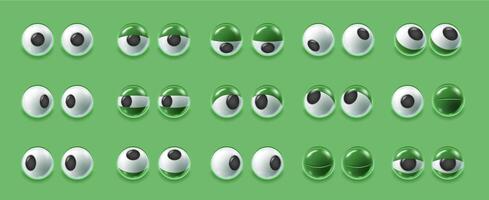 Funny 3D cartoon eyes. Simple eyeballs with eyelids, glossy eye and fun look. Doodle facial expression elements set vector