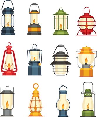 Cartoon camp lamp. Vintage camping lantern, portable lighting devices with flames illustration set