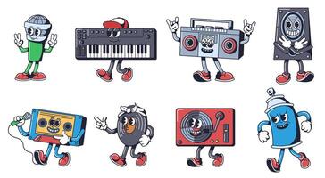 Hip hop music mascots. Beat-boxing microphone, synth keyboard, cassette rap mix tape and groovy vinyl record player characters set vector
