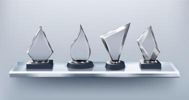 Glass awards on display shelf. Gallery of honor, clear transparent crystal trophy template collection vector