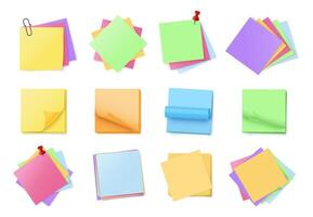 Color sticky note stack. Blank adhesive notepads, stacked multicolored memo pads pinned with pins or paper clips. Office messages set vector