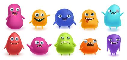 Funny monsters. Blob shape creatures with silly 3D faces, color jelly monsters illustration set vector