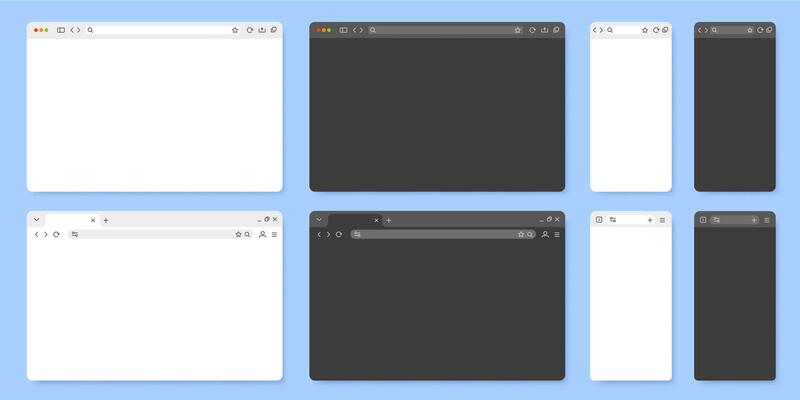 Browser window. Internet browsing tab UI template for mobile web page and desktop app. Light and dark mode browser bars illustration