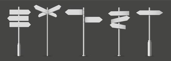 White fingerpost. Directional sign, 3D wayfinding arrows on pole isolated realistic illustration set vector