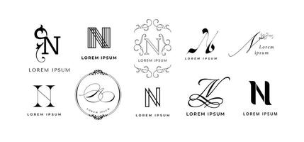 Creative N emblem. Letter n monogram branding template. Geometric and lettering typography icon set vector