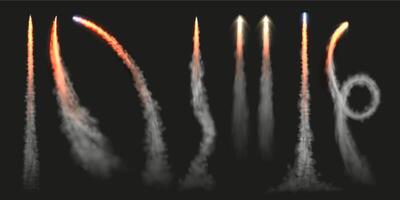 Rocket launch smoke tracks. Dynamic jet fly trails, plane engine cloud trace and flying rocket Fire track isolated illustration set vector