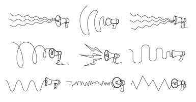 Continuous one line megaphone sound. Loudspeaker with audio waves, loud announcements and public speaking illustration set with editable stroke paths vector