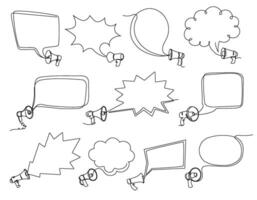 Continuous one line megaphone frame. Speech bubble with loudspeaker, marketing announcement template and bullhorn promo vector