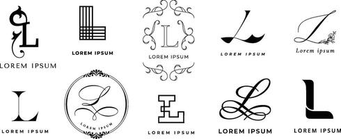 Creative L emblem. Luxury letter l monogram, lettering sign and geometric linear initial branding template icon set vector