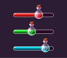 Cartoon power level bars. Fantasy game interface elements with potion vial bottles and progress bar for health, power and shield cartoon set vector