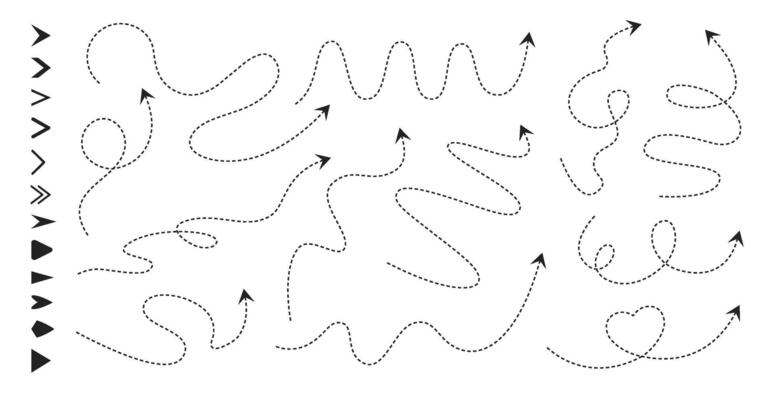 Dash line arrows. Route paths with arrow icons, roadmap direction pointer and navigation lines. Dashed routes with different arrowhead styles set. Curved dotted thin isolated way